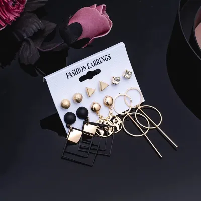 Shiny Black Square Round Shape Drop Earrings (6 pairs)